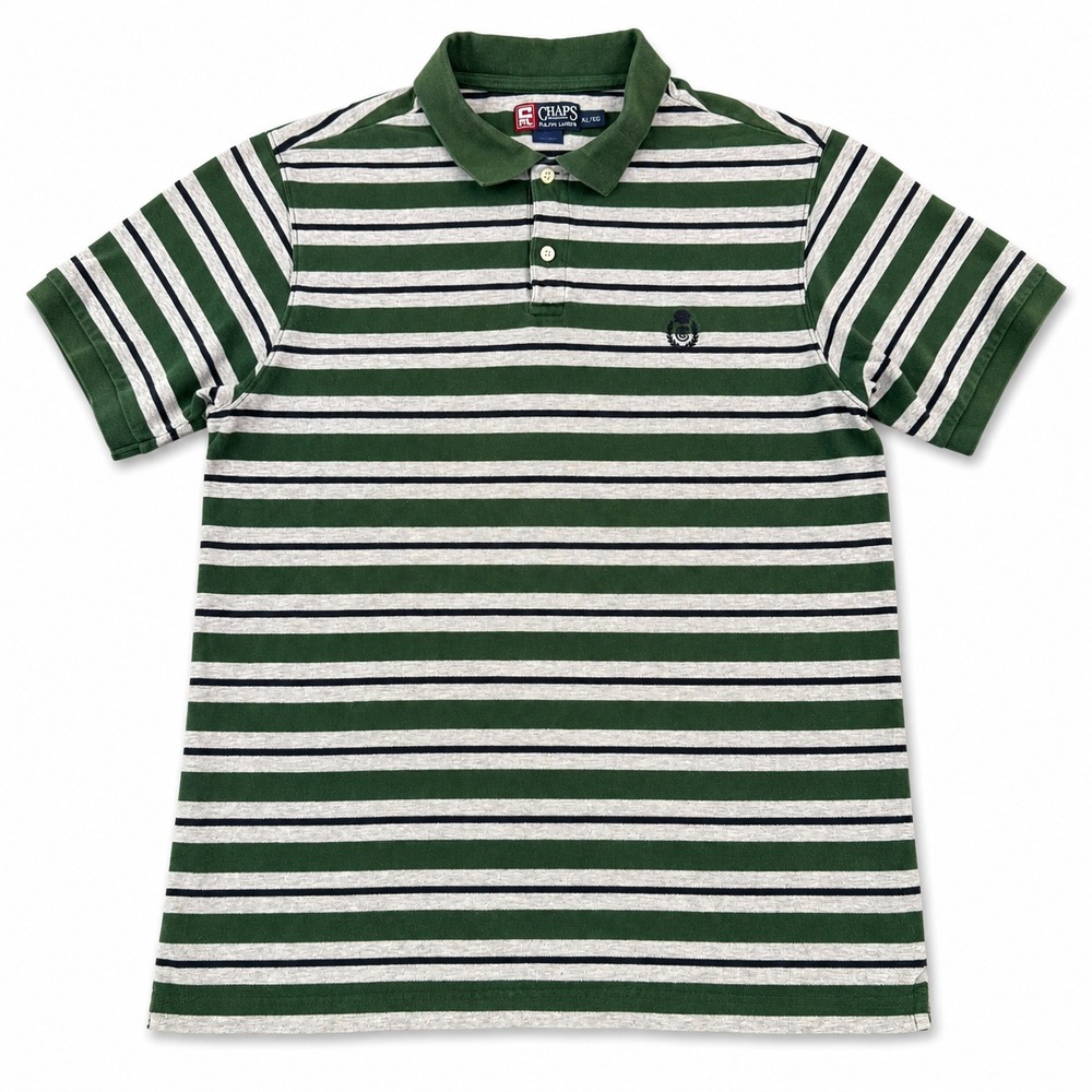 Chaps Ralph Lauren Polo Shirt Men's XL Green Gray Striped Cotton Short Sleeve